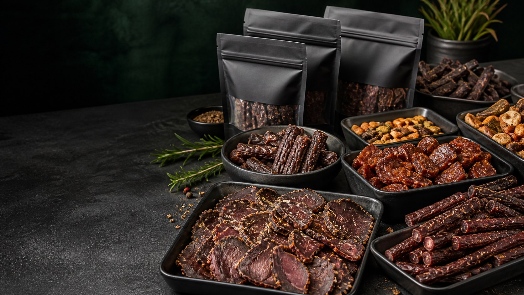 A wide selection of freshly packed biltong, droewors and savoury snacks